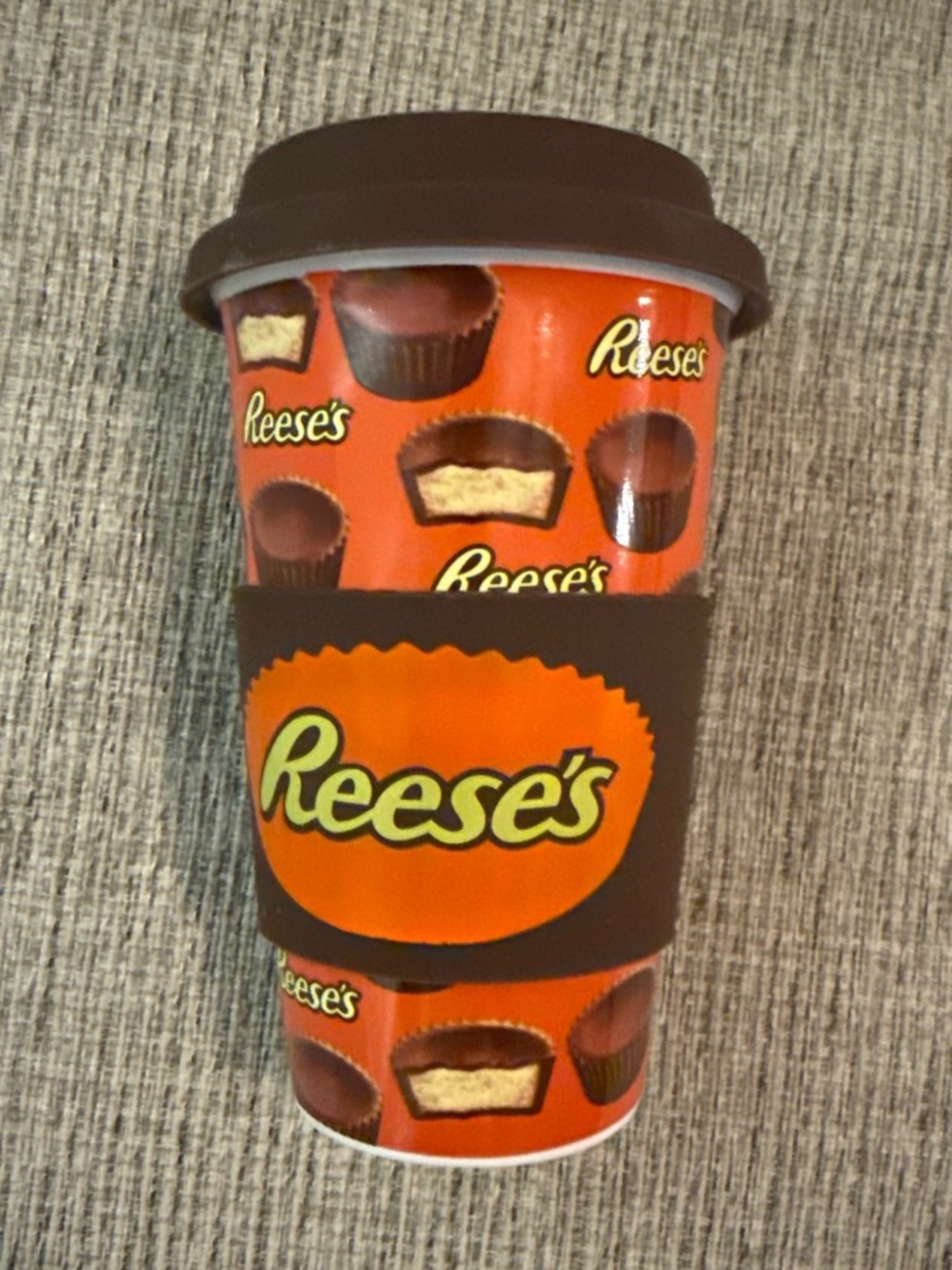 Reese's Branded Travel Cup in Orange and Brown
